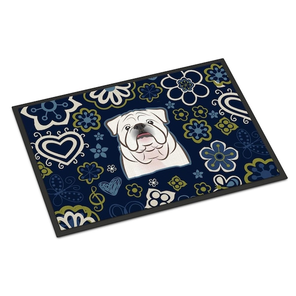 Carolines Treasures 24 x 36 in. Blue Flowers White English Bulldog Indoor or Outdoor Mat BB5071JMAT - main